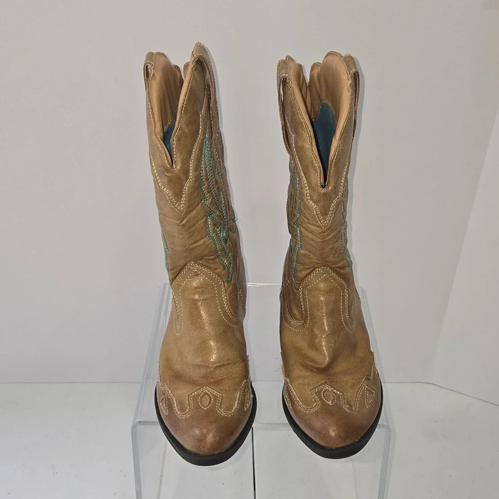 Flex West Liberty Kids Tan Western Cowgirl Boots Teal Embroidery Size 2M AB252